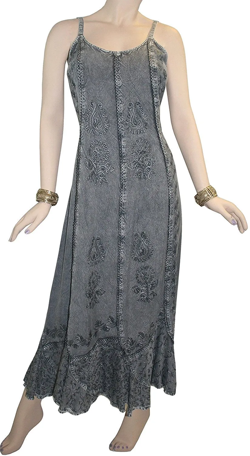 1005 DR Embroidered Scalloped Hem Gypsy Spaghetti Strap Dress