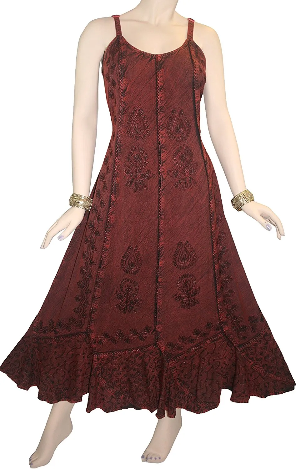 1005 DR Embroidered Scalloped Hem Gypsy Spaghetti Strap Dress