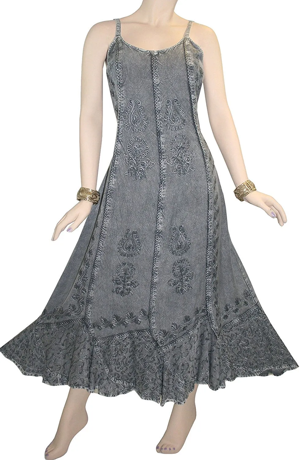1005 DR Embroidered Scalloped Hem Gypsy Spaghetti Strap Dress
