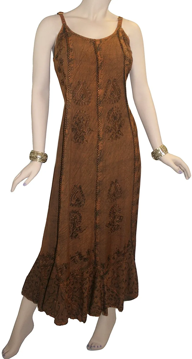 1005 DR Embroidered Scalloped Hem Gypsy Spaghetti Strap Dress