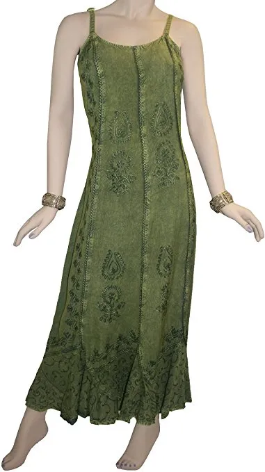1005 DR Embroidered Scalloped Hem Gypsy Spaghetti Strap Dress