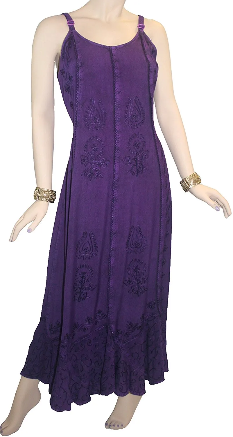 1005 DR Embroidered Scalloped Hem Gypsy Spaghetti Strap Dress