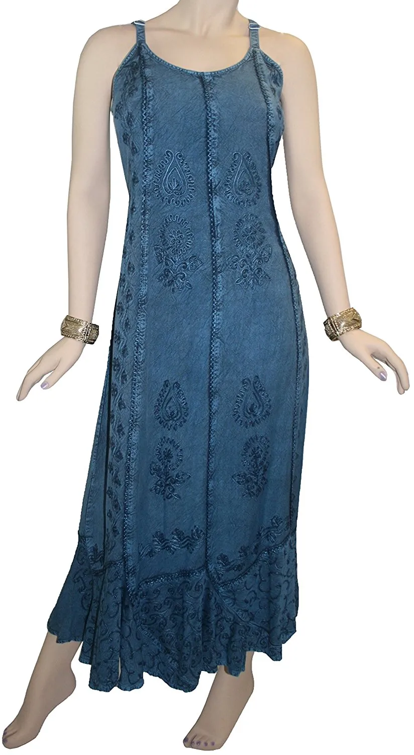 1005 DR Embroidered Scalloped Hem Gypsy Spaghetti Strap Dress