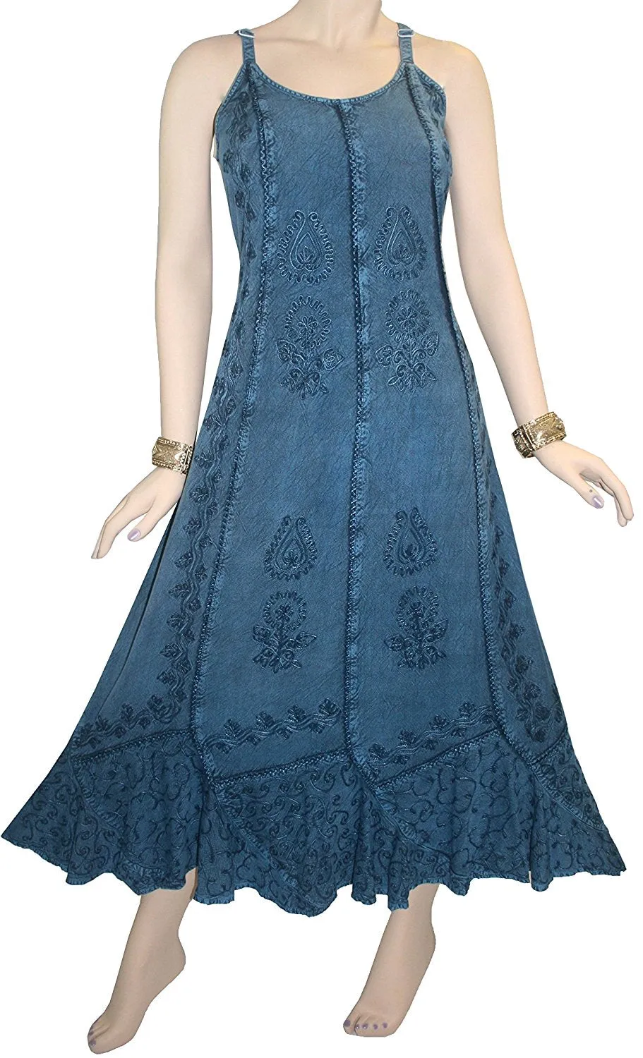 1005 DR Embroidered Scalloped Hem Gypsy Spaghetti Strap Dress
