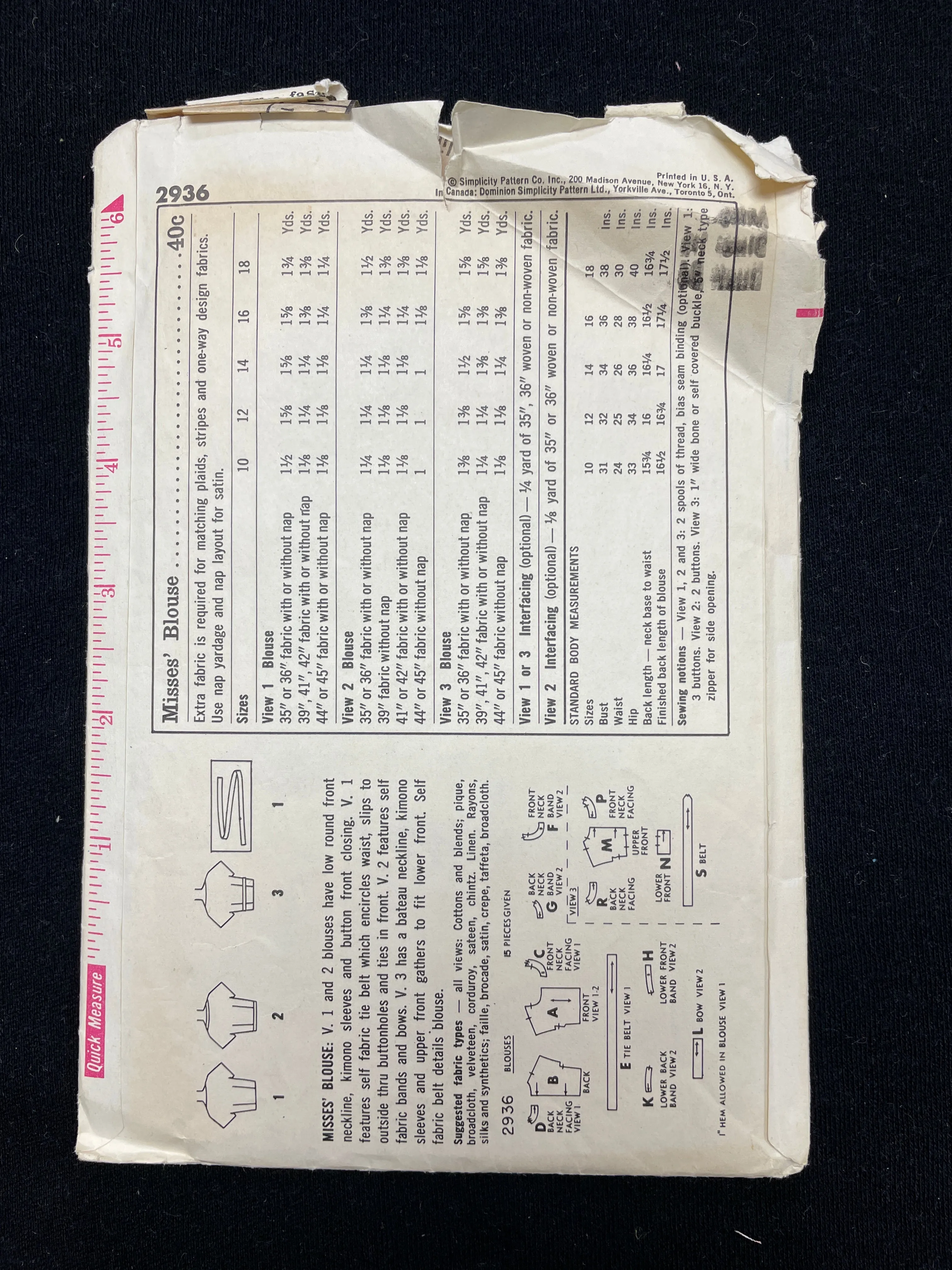 1959 Simplicity 2936 Sewing Pattern - Women's Tops