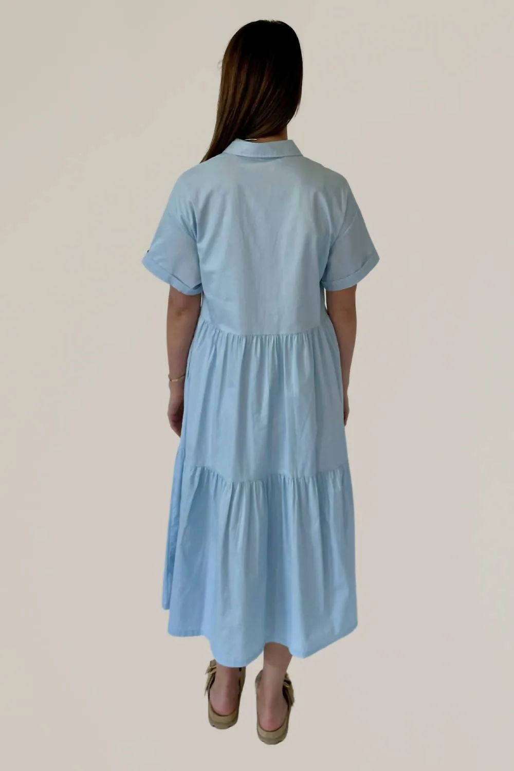 &Merci - Short Sleeve Button Down Tiered Midi Dress