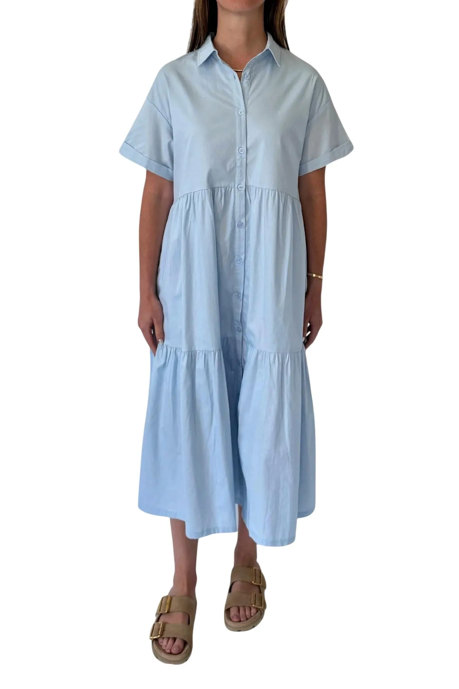 &Merci - Short Sleeve Button Down Tiered Midi Dress
