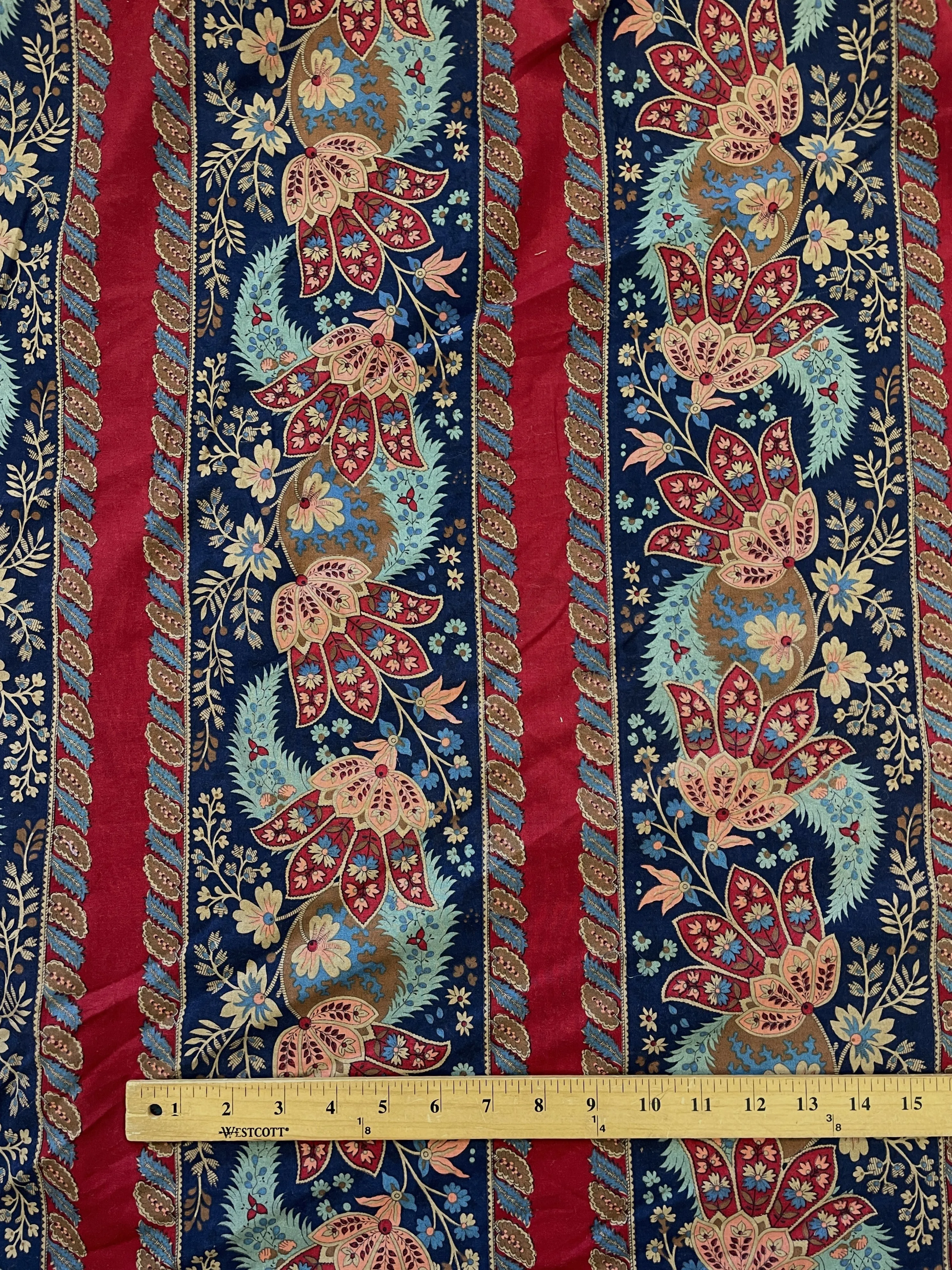Cotton Vintage - Dark Red with Stripes of Jacobean Flowers
