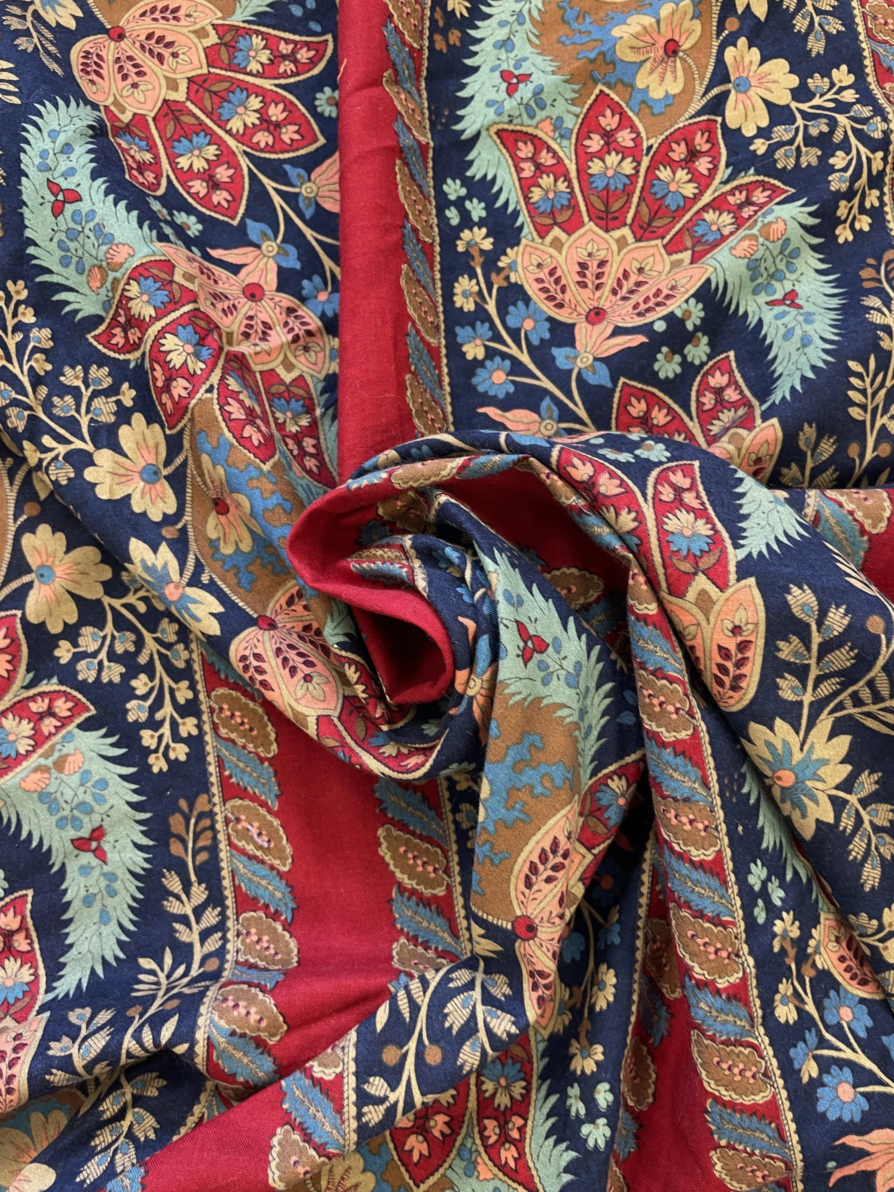 Cotton Vintage - Dark Red with Stripes of Jacobean Flowers