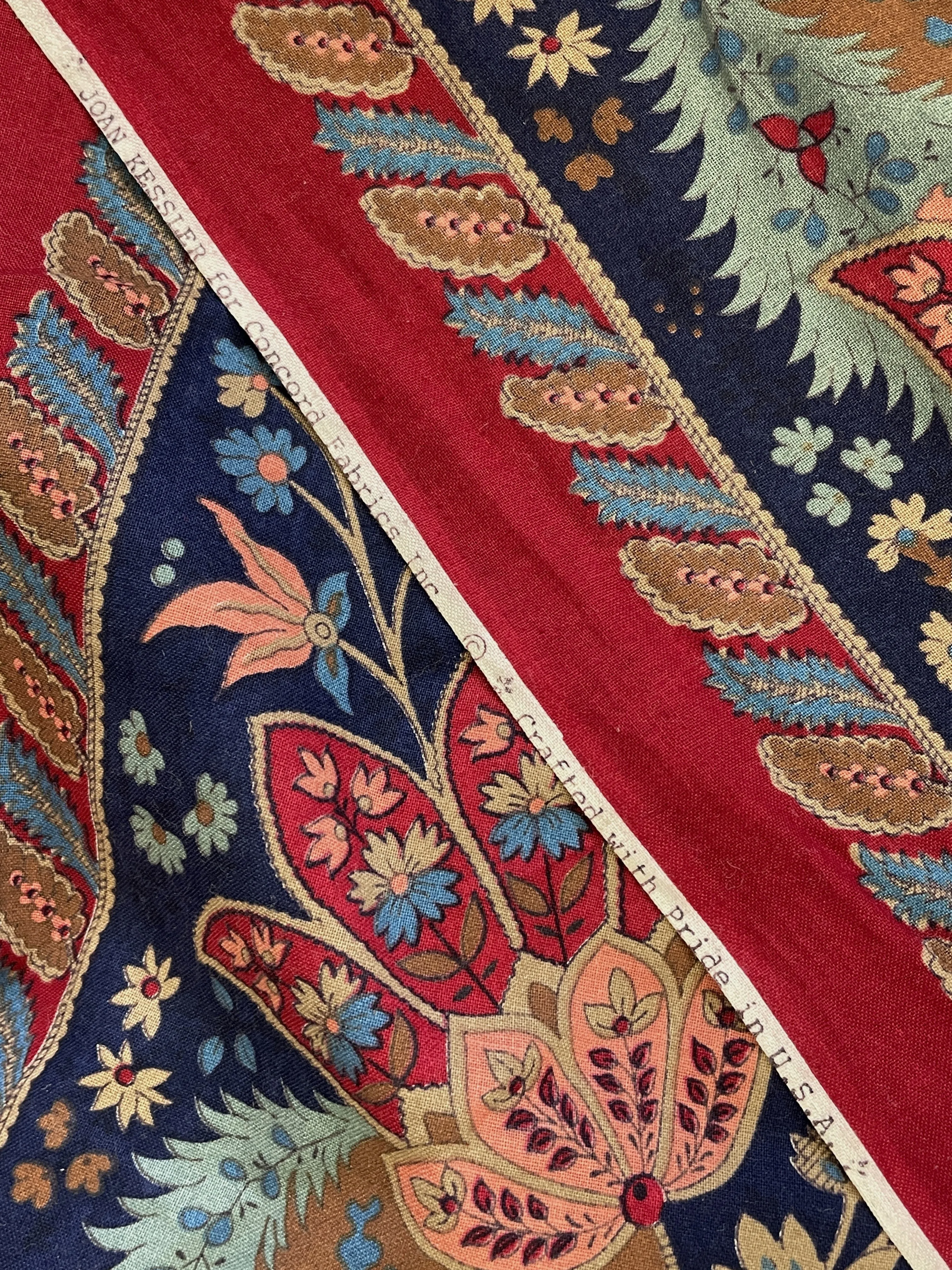 Cotton Vintage - Dark Red with Stripes of Jacobean Flowers
