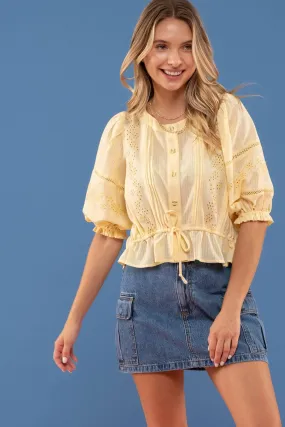 Eyelet Button Up Balloon Sleeved Top - Yellow