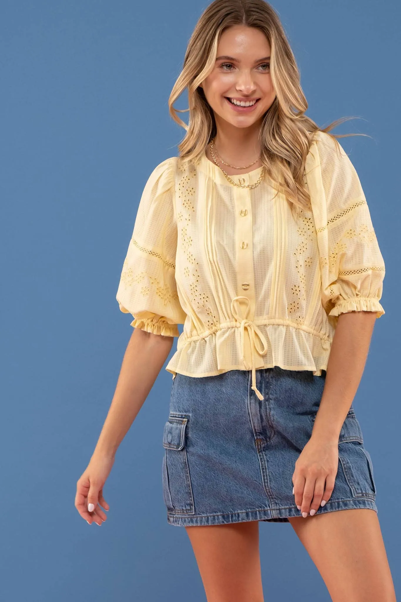Eyelet Button Up Balloon Sleeved Top - Yellow