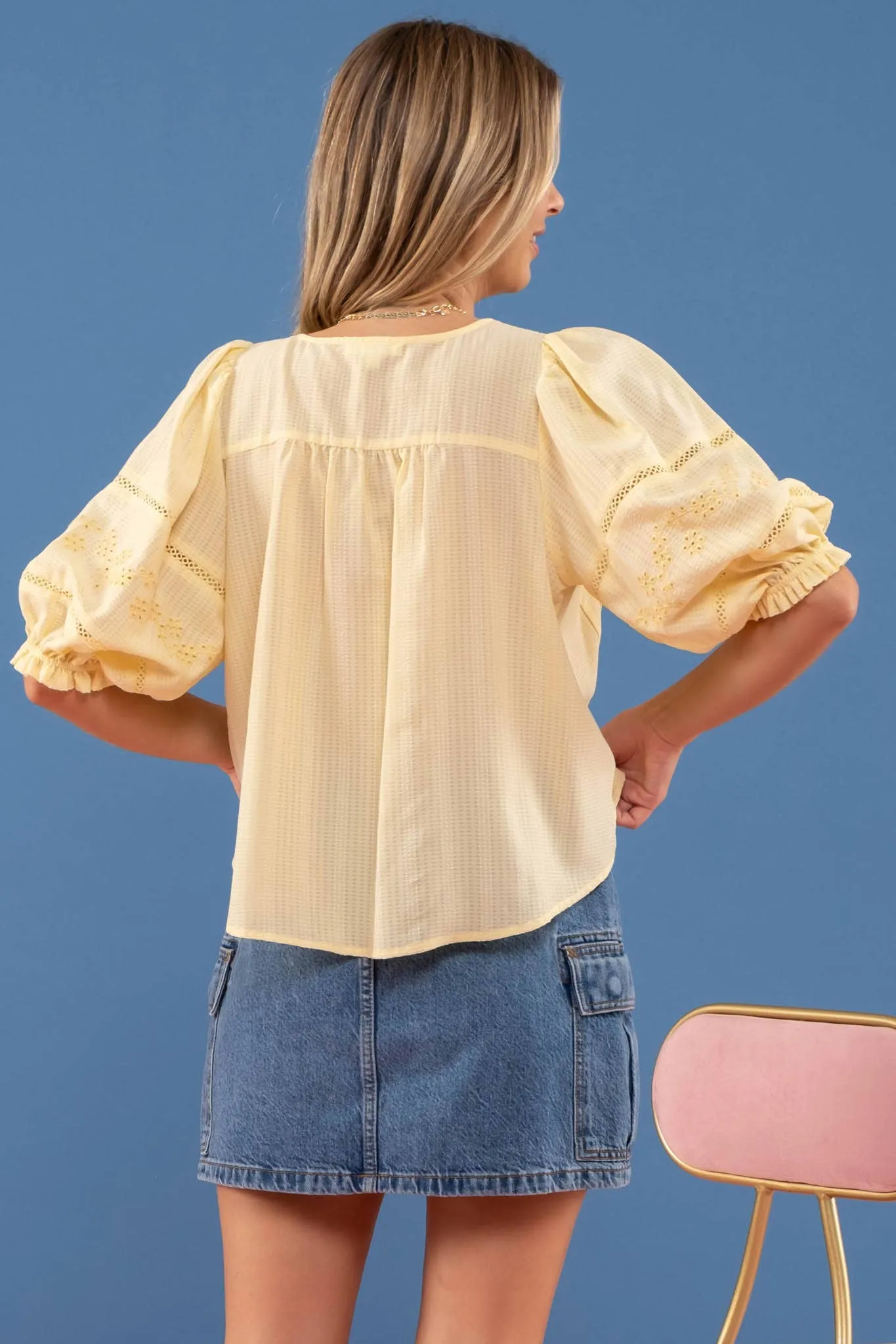Eyelet Button Up Balloon Sleeved Top - Yellow