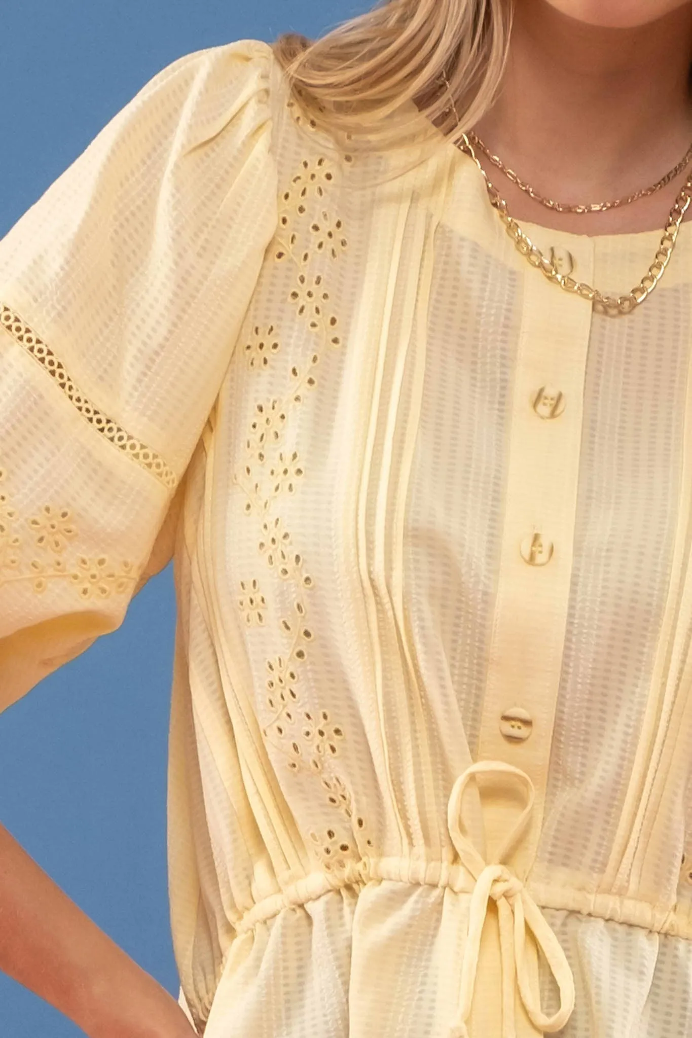 Eyelet Button Up Balloon Sleeved Top - Yellow