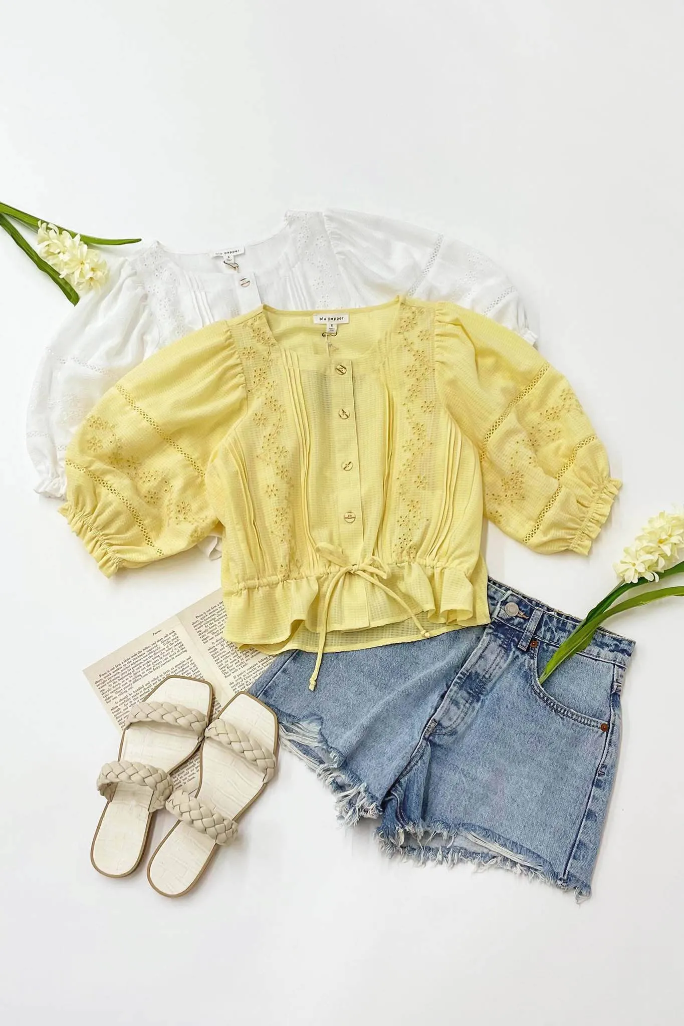 Eyelet Button Up Balloon Sleeved Top - Yellow