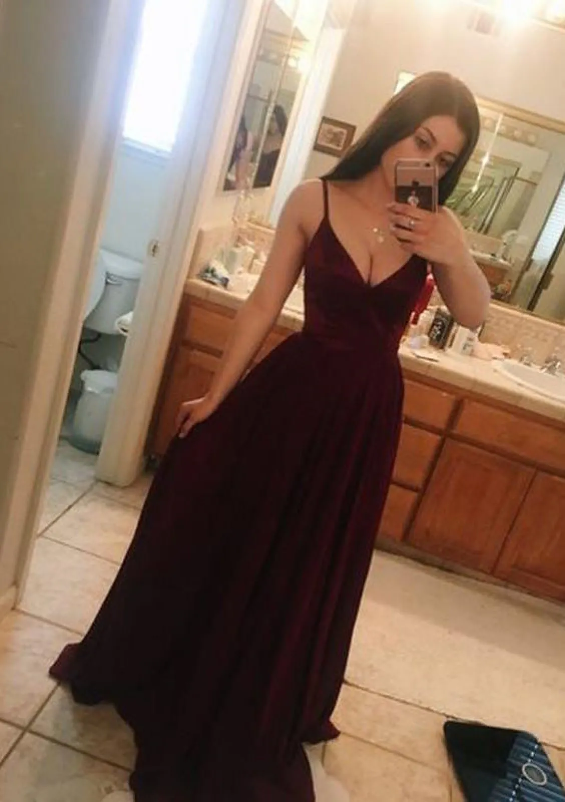 Formal A-line V Neck Straps Floor-Length Chiffon Prom Dress Evening Gown