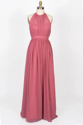 High Neck Halter Backless Long Coral Chiffon Bridesmaid Dress