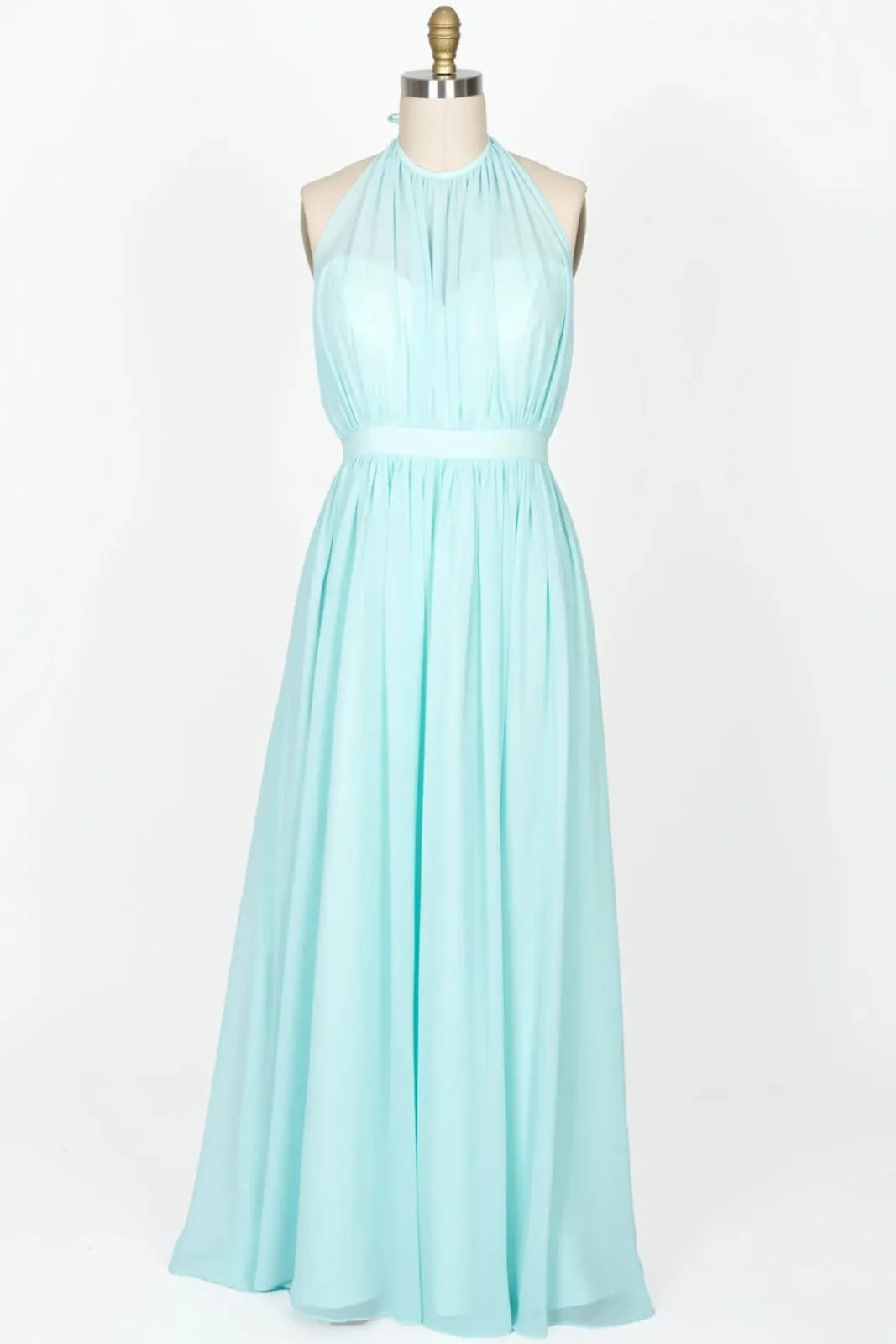 High Neck Halter Backless Long Coral Chiffon Bridesmaid Dress