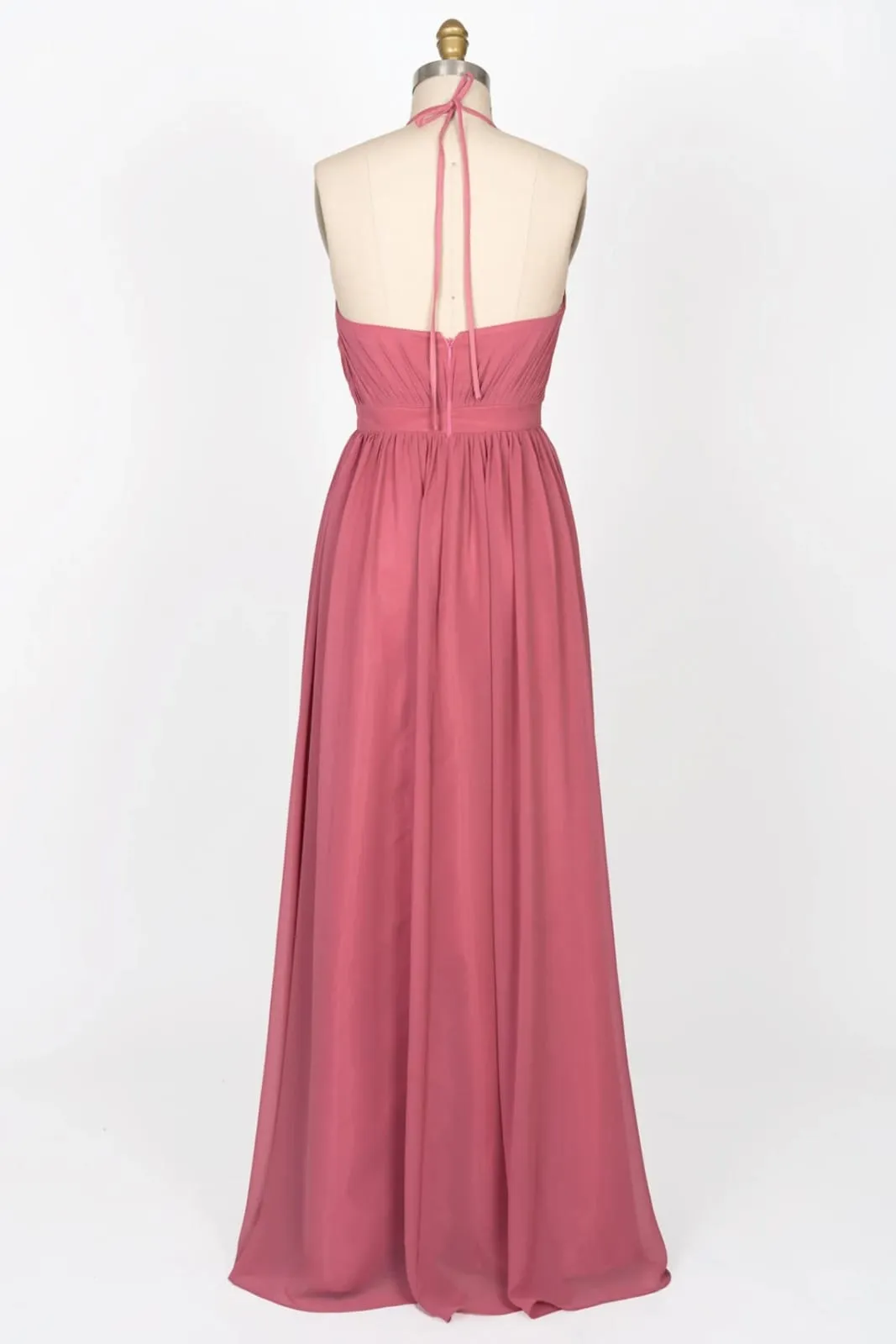 High Neck Halter Backless Long Coral Chiffon Bridesmaid Dress