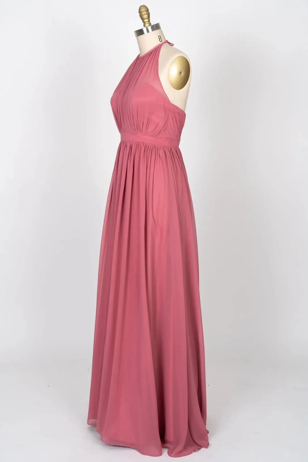 High Neck Halter Backless Long Coral Chiffon Bridesmaid Dress