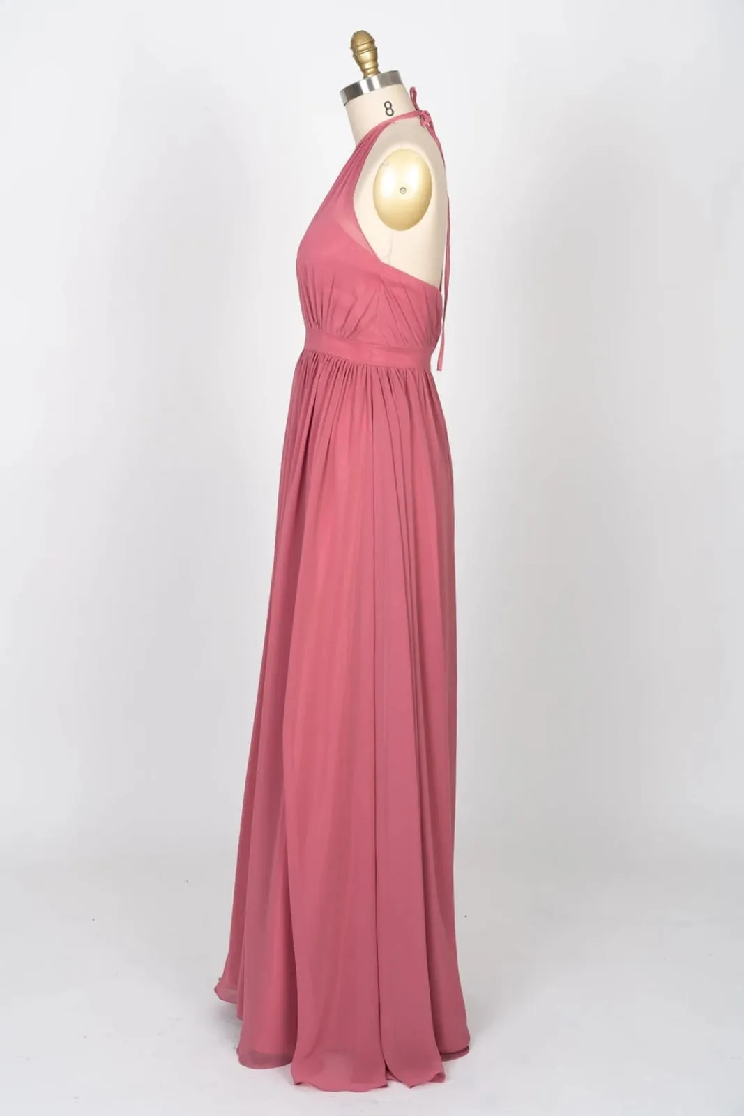 High Neck Halter Backless Long Coral Chiffon Bridesmaid Dress