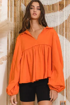 Orange Collared Split Neck Pleating Top