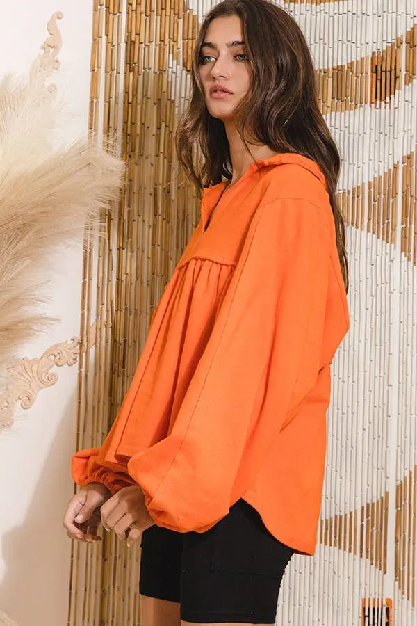 Orange Collared Split Neck Pleating Top