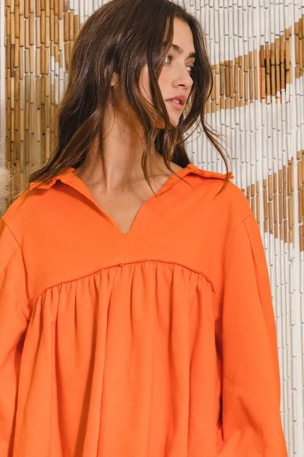 Orange Collared Split Neck Pleating Top
