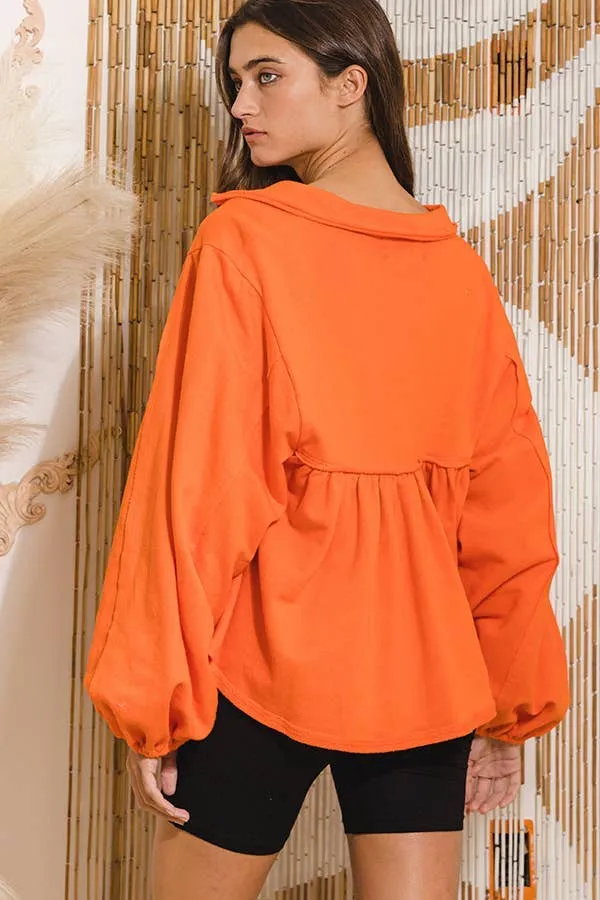 Orange Collared Split Neck Pleating Top