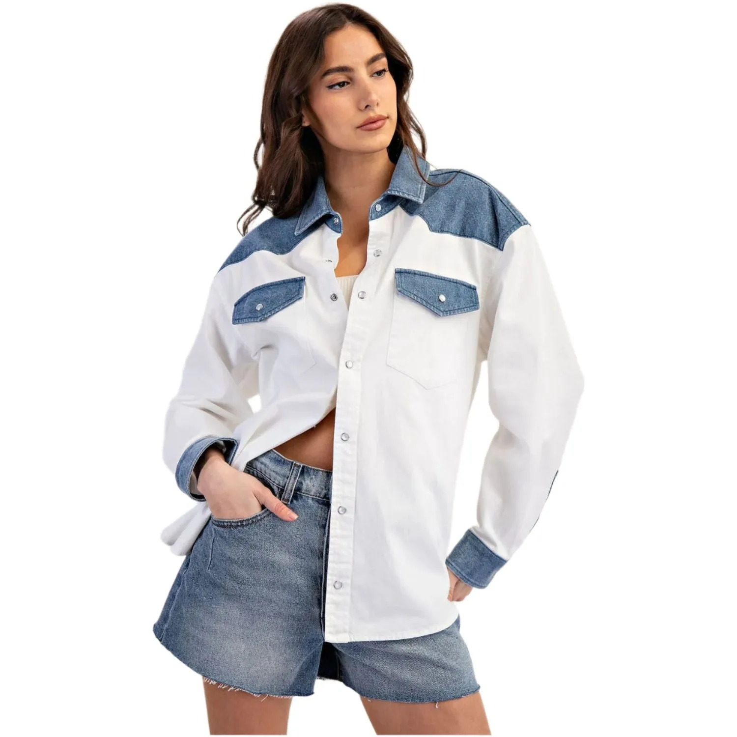 Women's Color Block Denim Button Down Shirt TH12434
