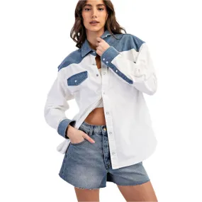 Women's Color Block Denim Button Down Shirt TH12434