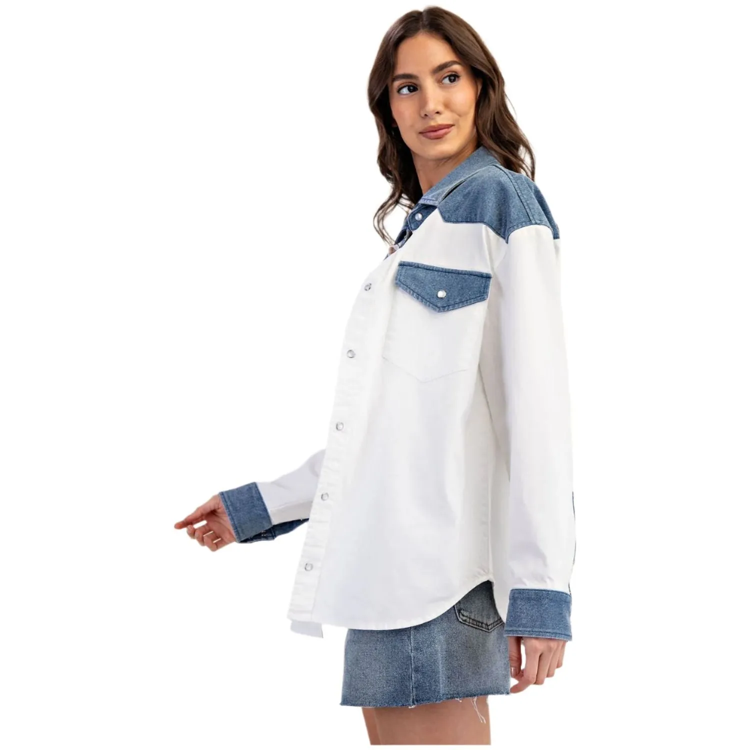 Women's Color Block Denim Button Down Shirt TH12434