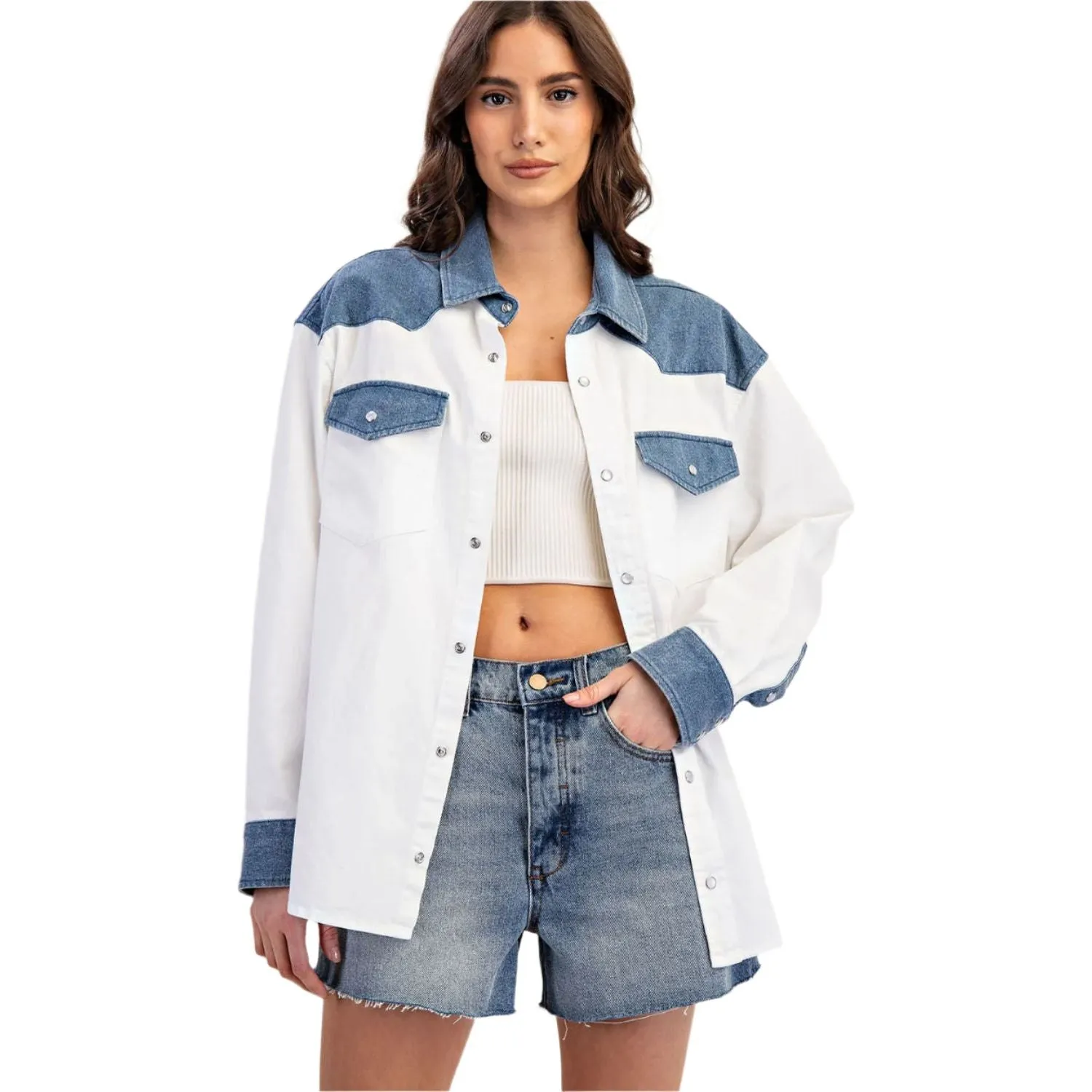 Women's Color Block Denim Button Down Shirt TH12434