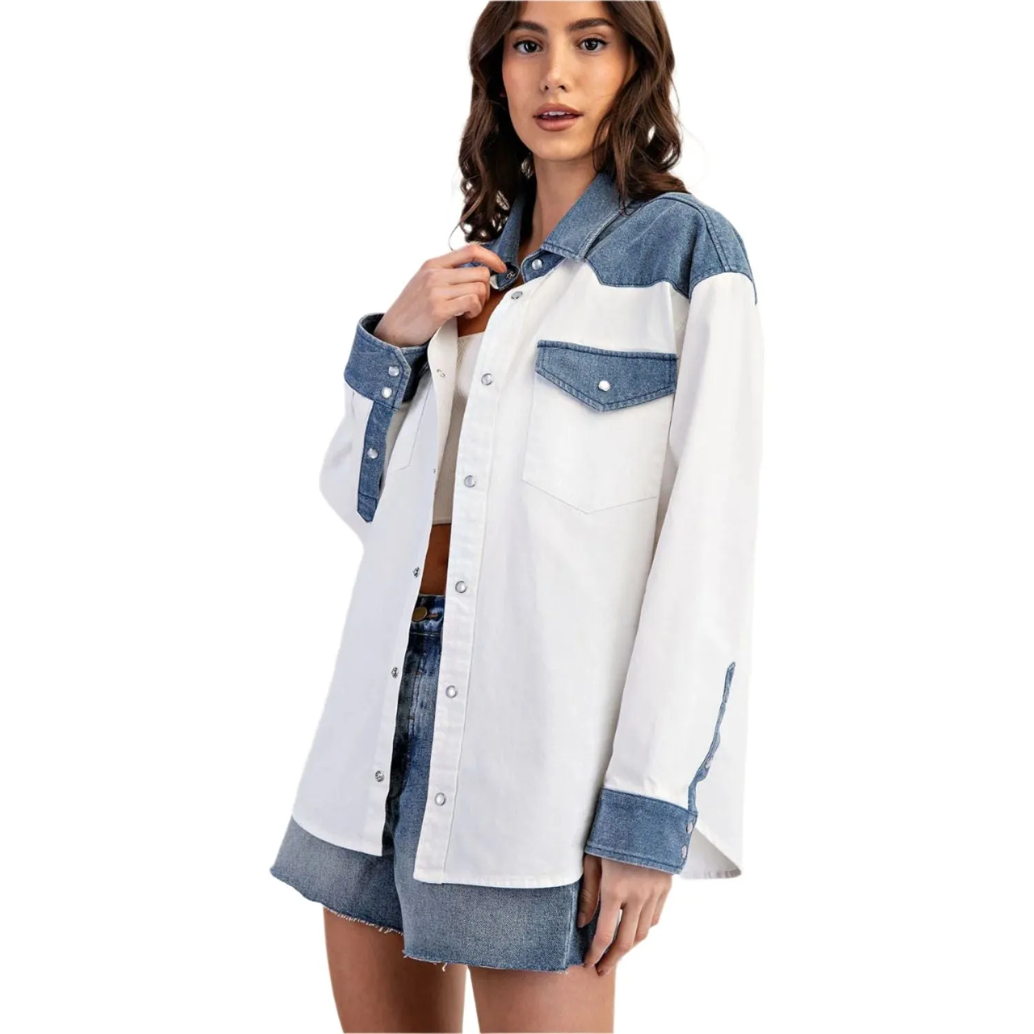 Women's Color Block Denim Button Down Shirt TH12434